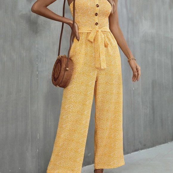 Yellow Boho Womens Allover Print Pocket Side Belted Tube Jumpsuit - Picture 8 of 9